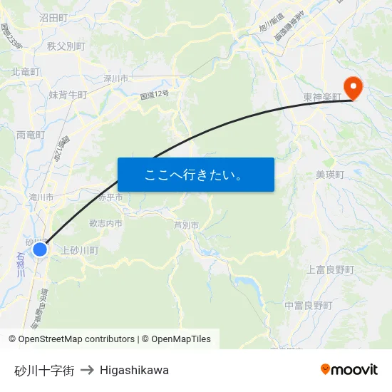砂川十字街 to Higashikawa map