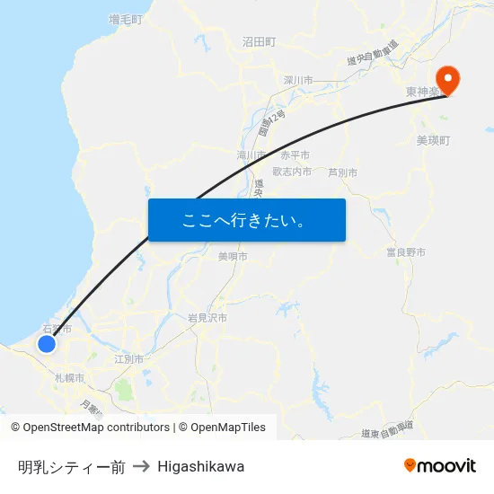 明乳シティー前 to Higashikawa map