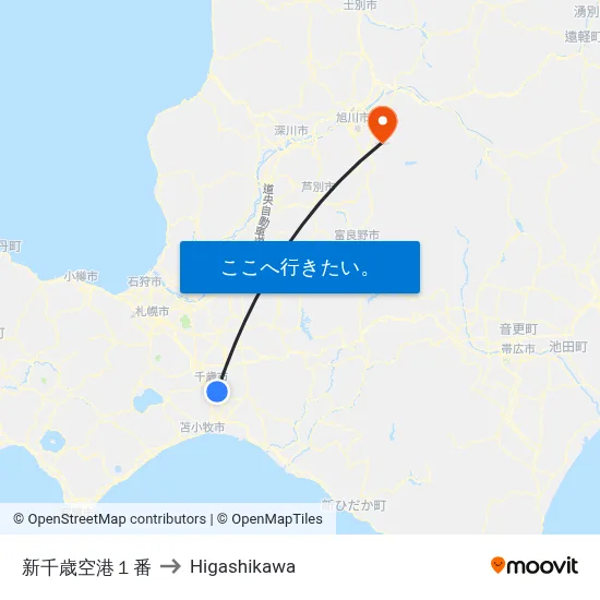 新千歳空港１番 to Higashikawa map
