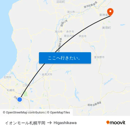イオンモール札幌平岡 to Higashikawa map