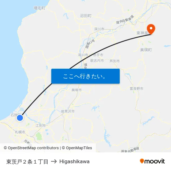 東茨戸２条１丁目 to Higashikawa map