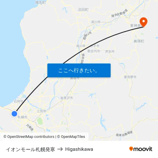 イオンモール札幌発寒 to Higashikawa map