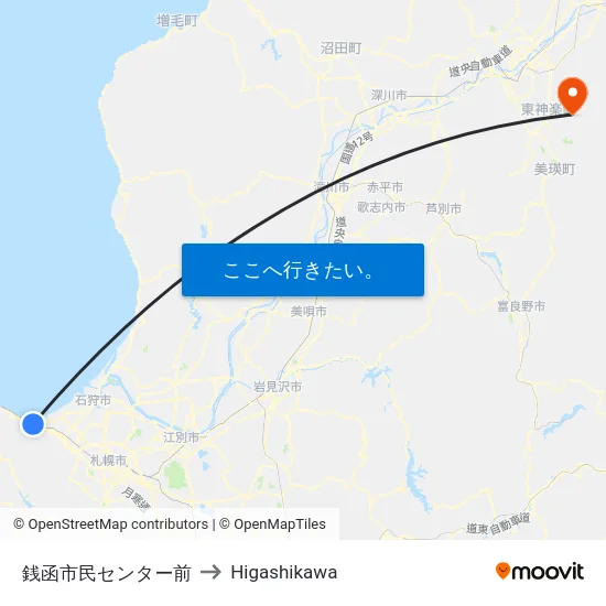 銭函市民センター前 to Higashikawa map