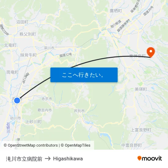 滝川市立病院前 to Higashikawa map