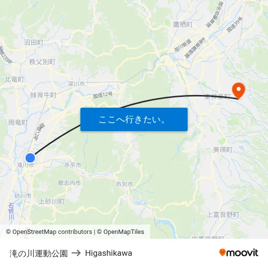 滝の川運動公園 to Higashikawa map