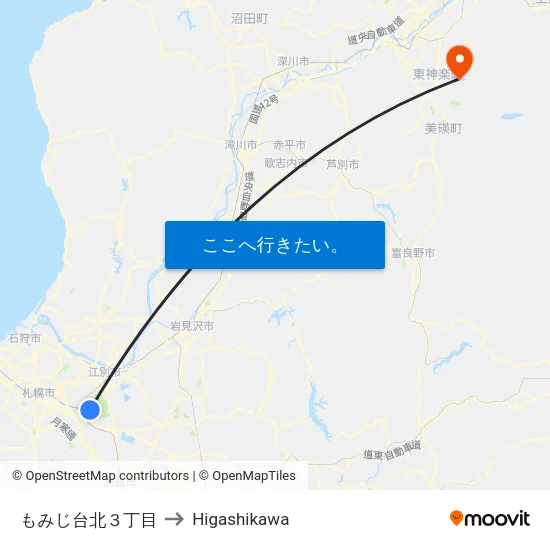 もみじ台北３丁目 to Higashikawa map
