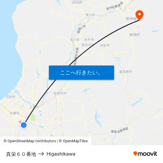 真栄６０番地 to Higashikawa map