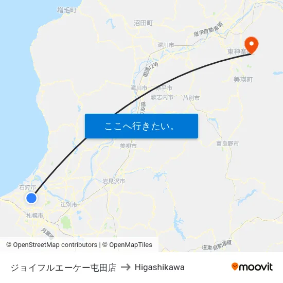ジョイフルエーケー屯田店 to Higashikawa map