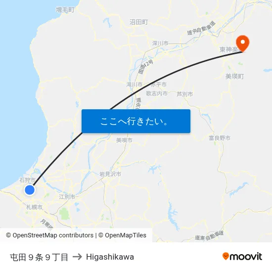 屯田９条９丁目 to Higashikawa map