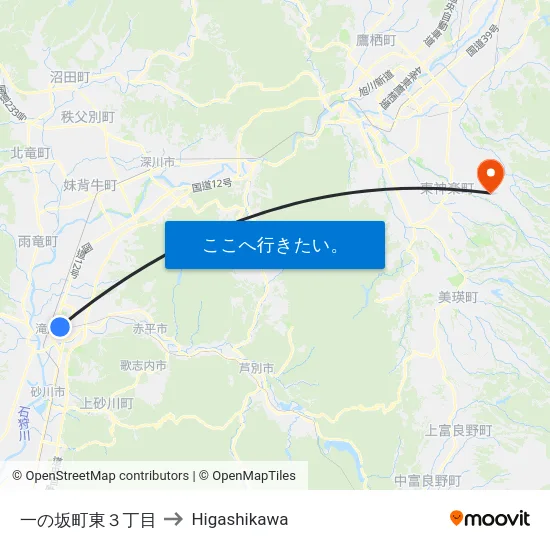 一の坂町東３丁目 to Higashikawa map