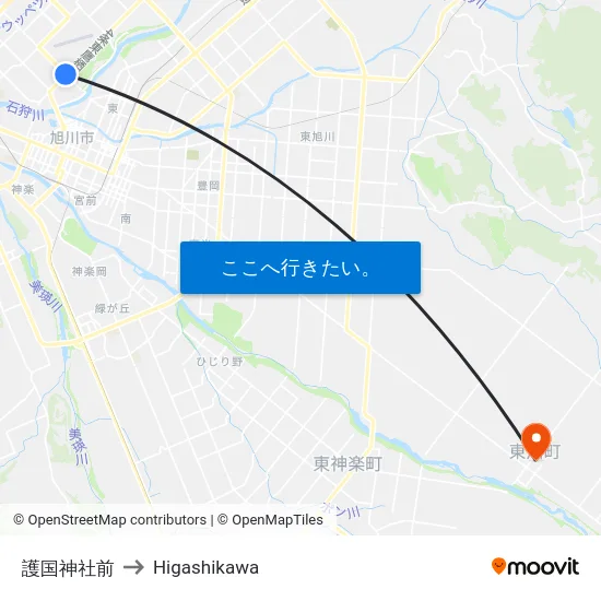 護国神社前 to Higashikawa map