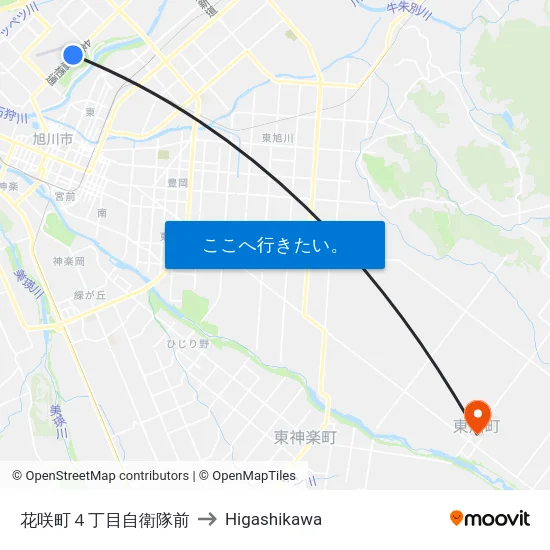 花咲町４丁目自衛隊前 to Higashikawa map