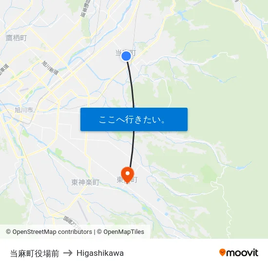 当麻町役場前 to Higashikawa map