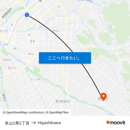 永山2条2丁目 to Higashikawa map