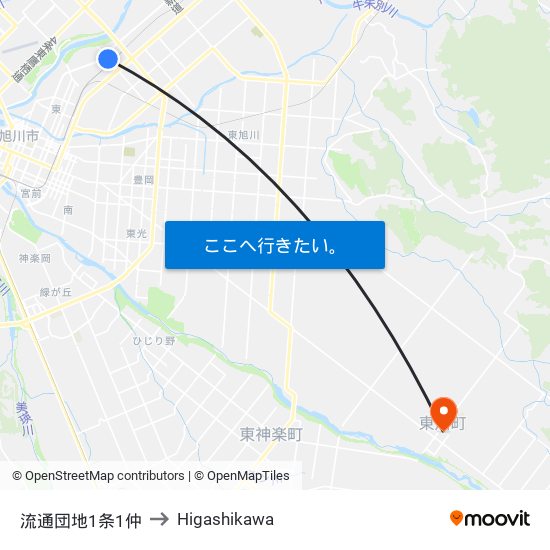 流通団地1条1仲 to Higashikawa map