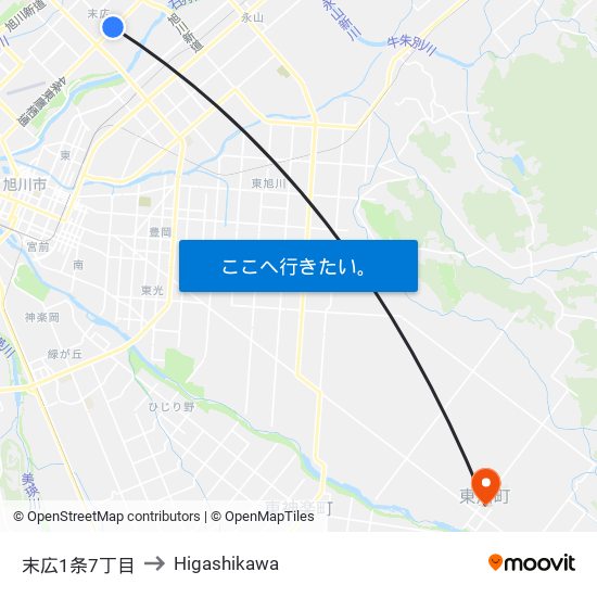 末広1条7丁目 to Higashikawa map