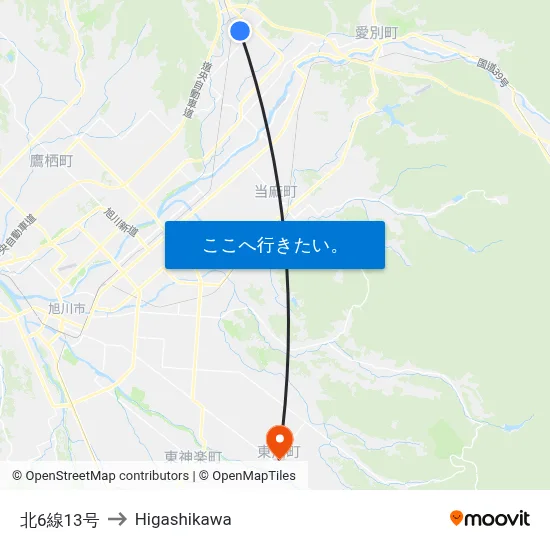 北6線13号 to Higashikawa map