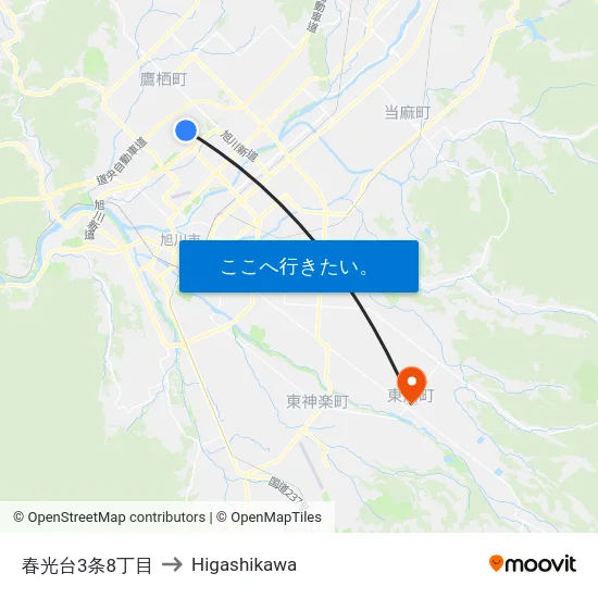 春光台3条8丁目 to Higashikawa map