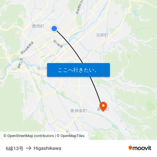 6線13号 to Higashikawa map