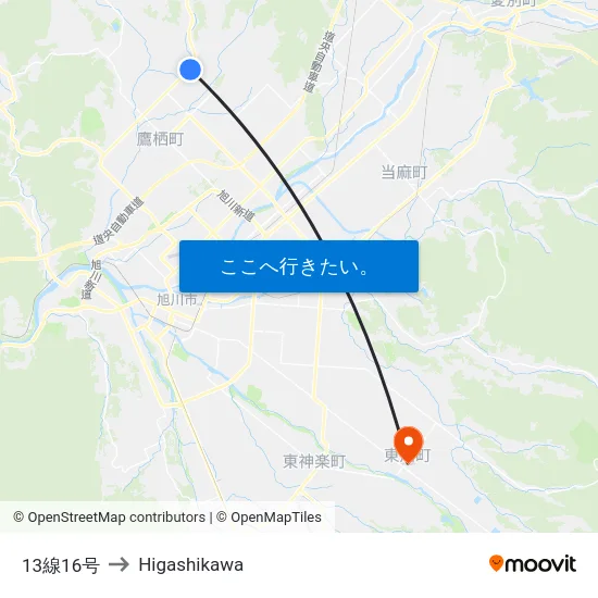 13線16号 to Higashikawa map