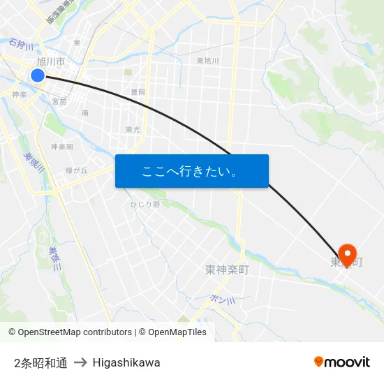 2条昭和通 to Higashikawa map