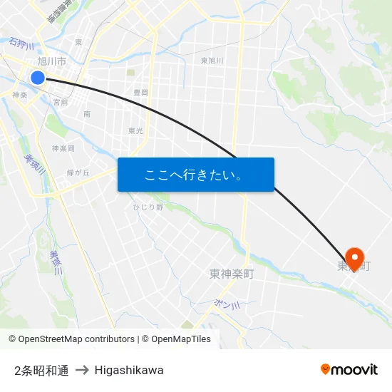 2条昭和通 to Higashikawa map