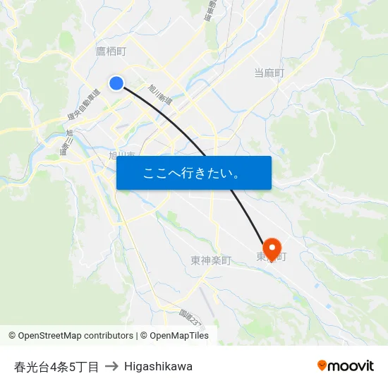 春光台4条5丁目 to Higashikawa map