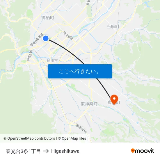 春光台3条1丁目 to Higashikawa map