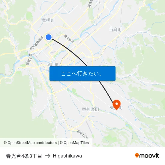 春光台4条3丁目 to Higashikawa map