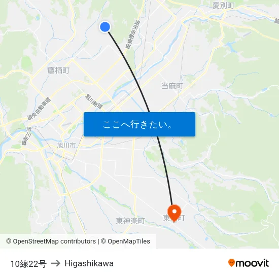 10線22号 to Higashikawa map