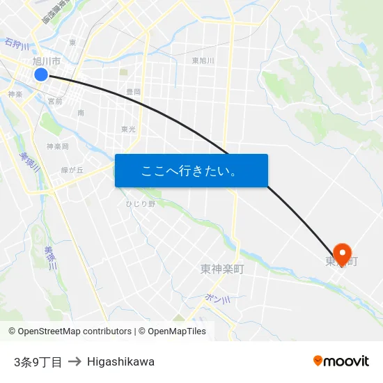3条9丁目 to Higashikawa map