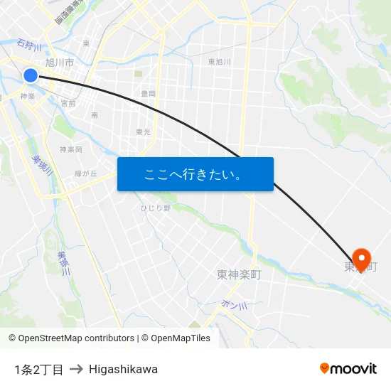 1条2丁目 to Higashikawa map