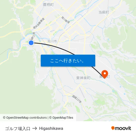 ゴルフ場入口 to Higashikawa map