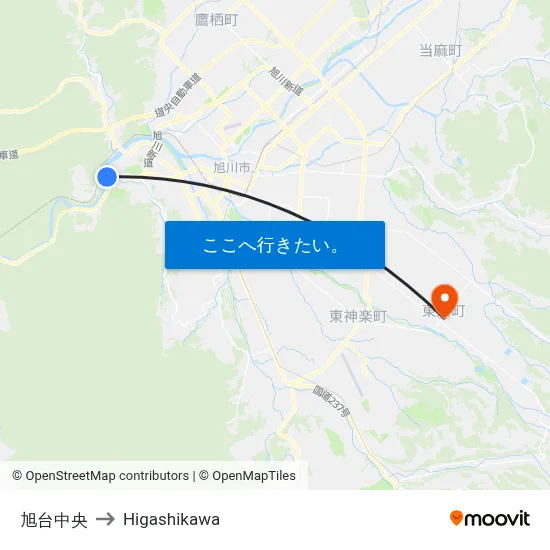 旭台中央 to Higashikawa map