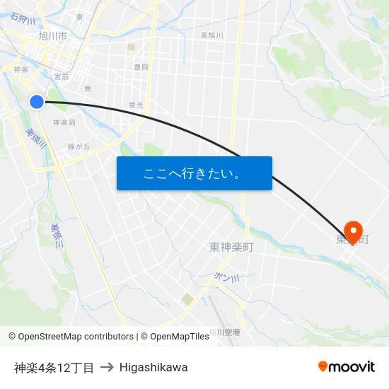 神楽4条12丁目 to Higashikawa map