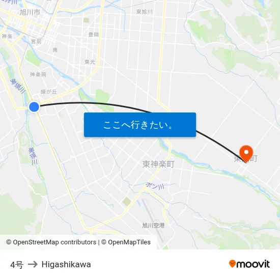 4号 to Higashikawa map