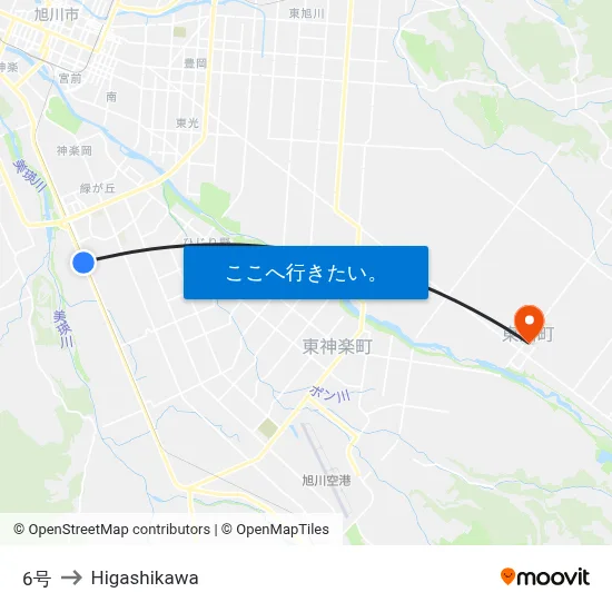 6号 to Higashikawa map