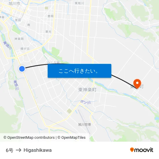 6号 to Higashikawa map