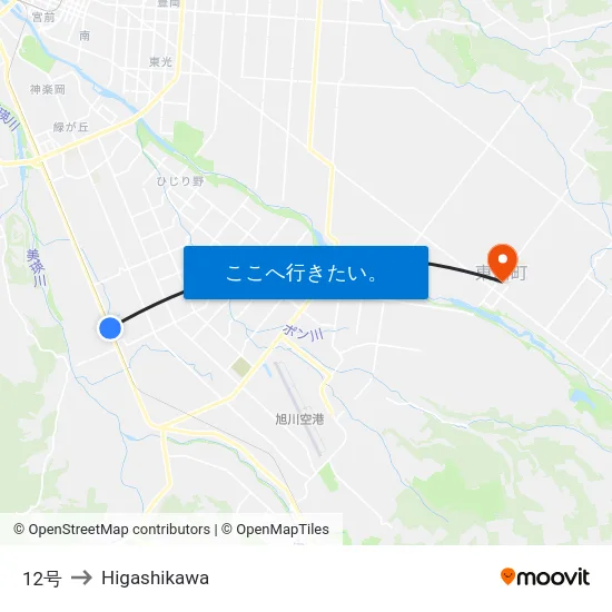 12号 to Higashikawa map