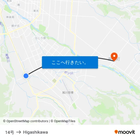 14号 to Higashikawa map
