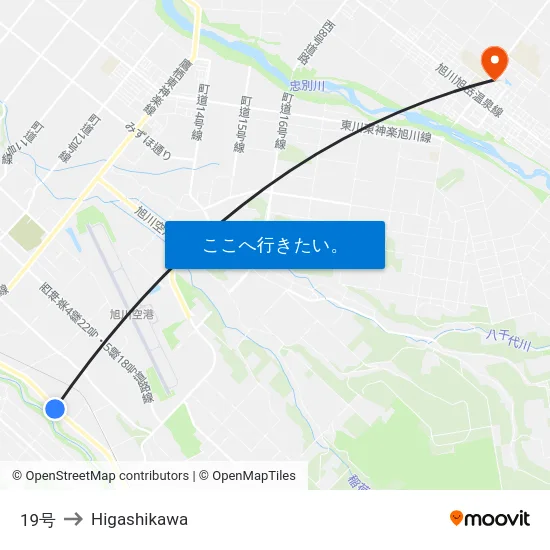 19号 to Higashikawa map