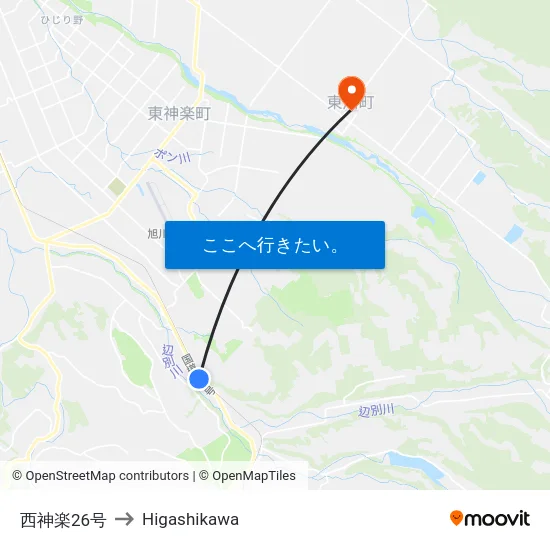 西神楽26号 to Higashikawa map