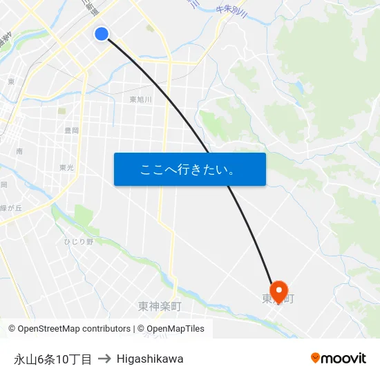 永山6条10丁目 to Higashikawa map