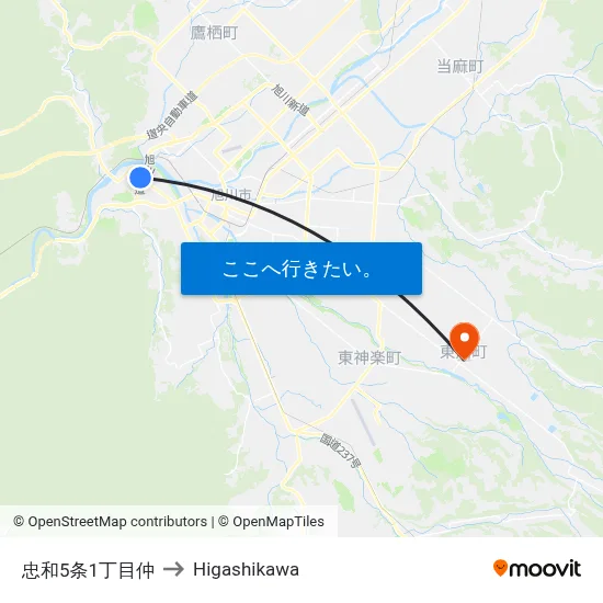 忠和5条1丁目仲 to Higashikawa map