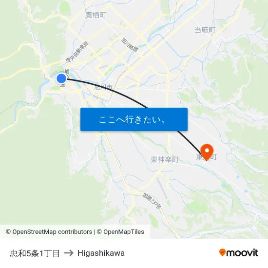 忠和5条1丁目 to Higashikawa map