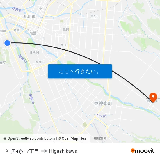 神居4条17丁目 to Higashikawa map