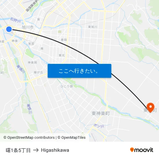 曙1条5丁目 to Higashikawa map