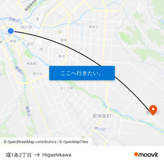 曙1条2丁目 to Higashikawa map