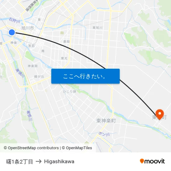 曙1条2丁目 to Higashikawa map