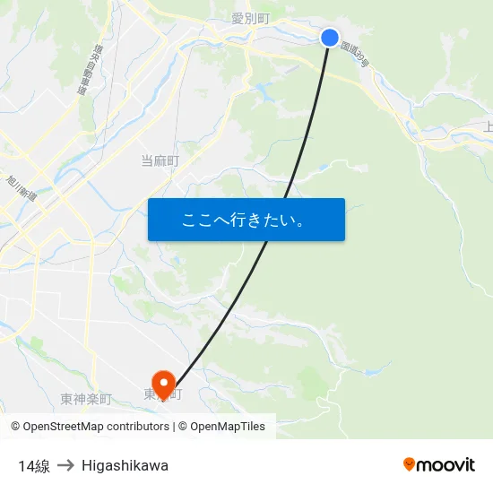 14線 to Higashikawa map